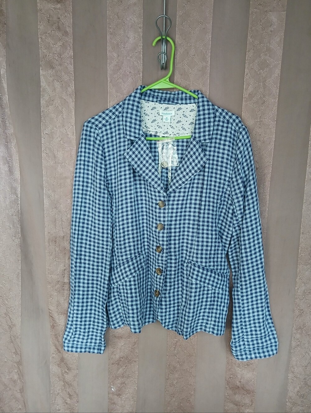 💎 Sundance Women's Top Gingham Linen Five-Button Ziri Blazer Jacket NWOT